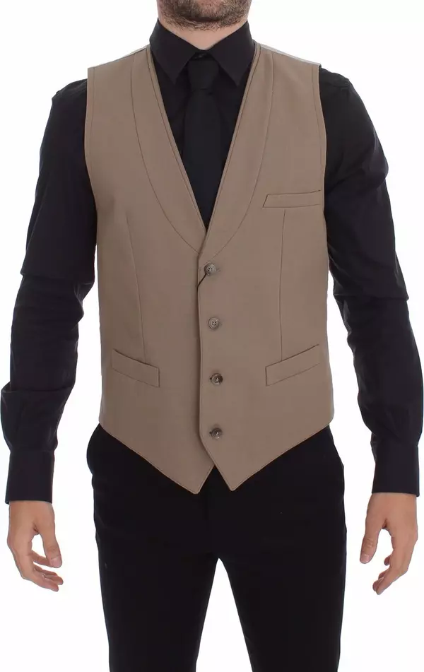 Beige Cotton Slim Fit Button Front Dress Vest