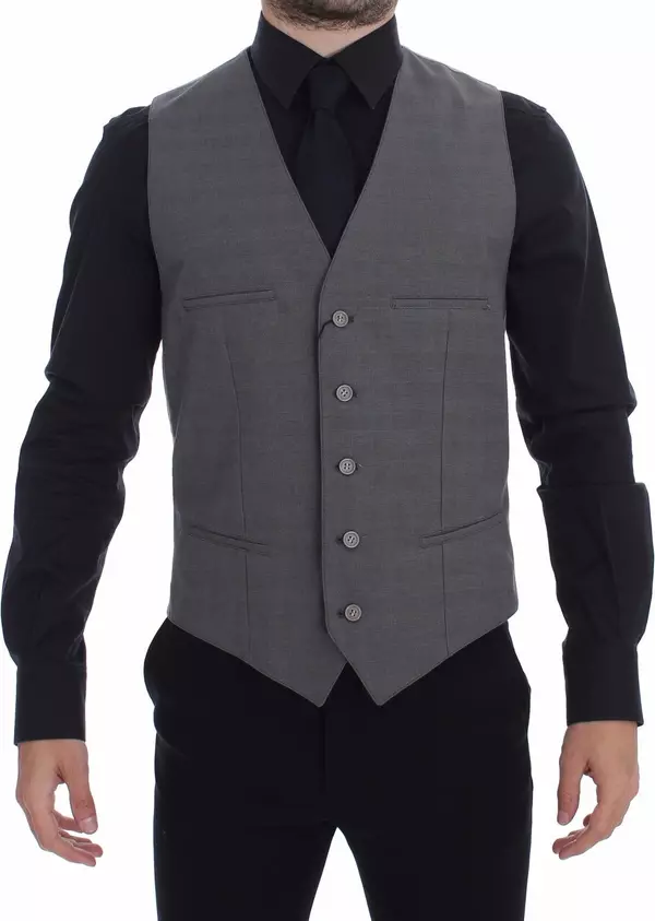Gray Cotton Slim Fit Button Front Dress Vest
