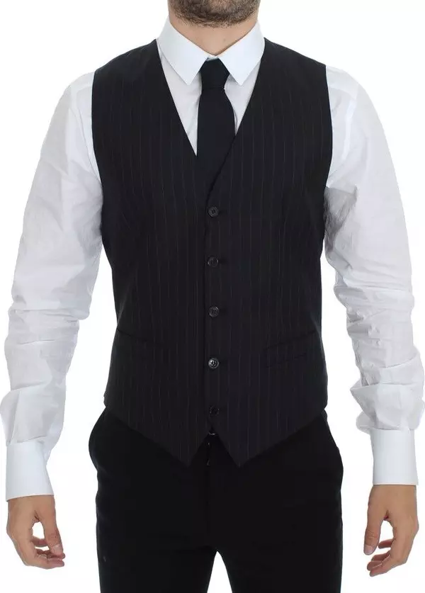 Black Striped Wool Silk Dress Vest Gilet