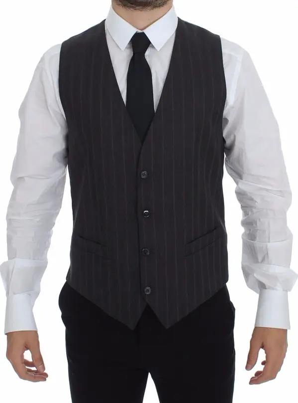 Gray Striped Wool Logo Vest Gilet Weste