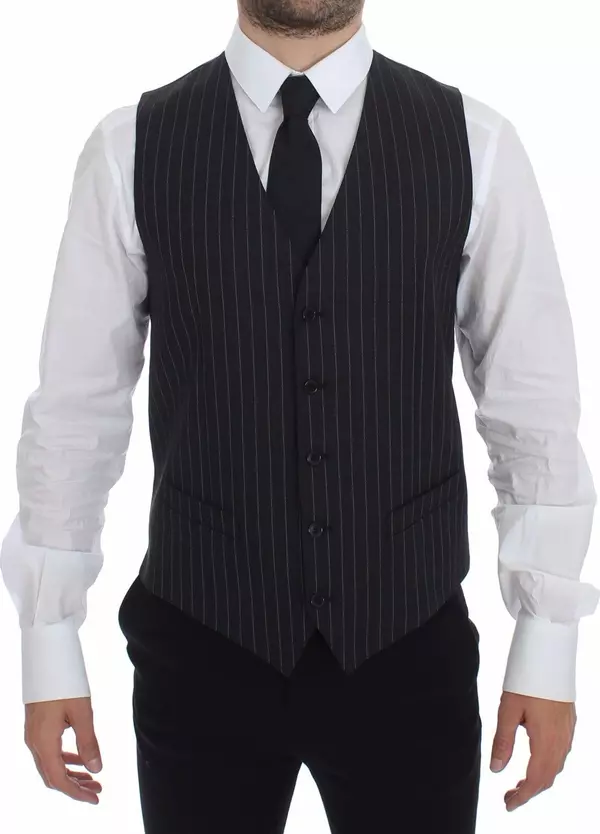 Gray Striped Wool Logo Vest Gilet Weste