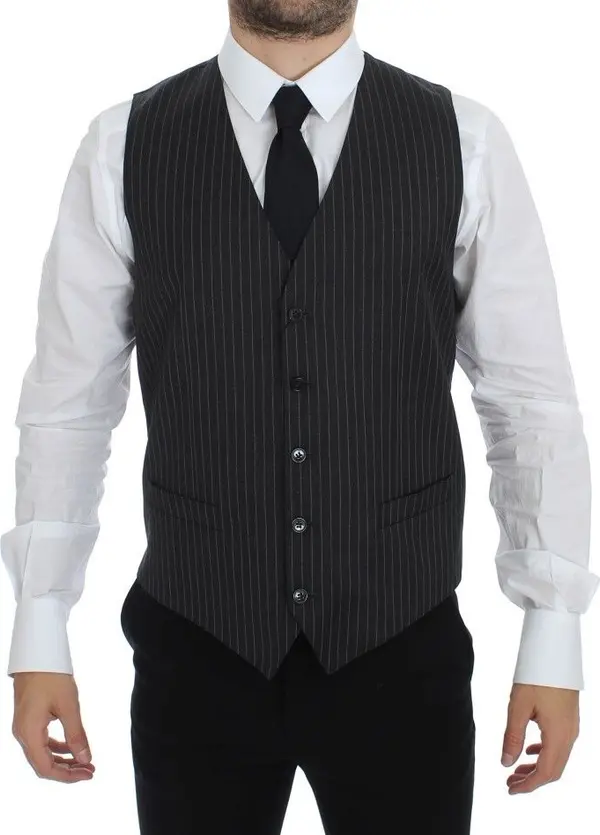 Gray Striped Wool Single Breasted Vest