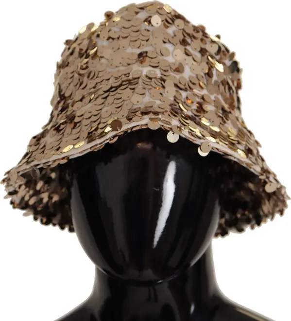 Gold Silk Sequin Embellished Designer Brim Bucket Hat