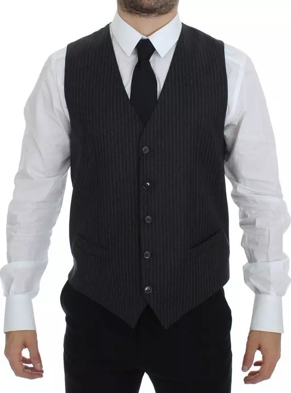 Gray Striped Wool Single Breasted Vest