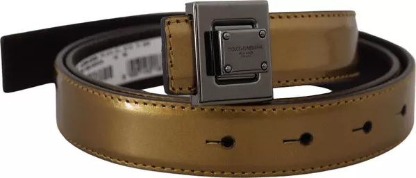 Gold Leather Silver Square Metal Buckle Belt