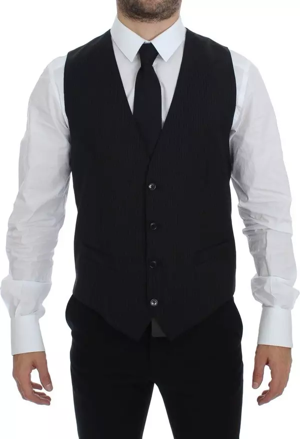 Black Striped Wool Single Breasted Vest