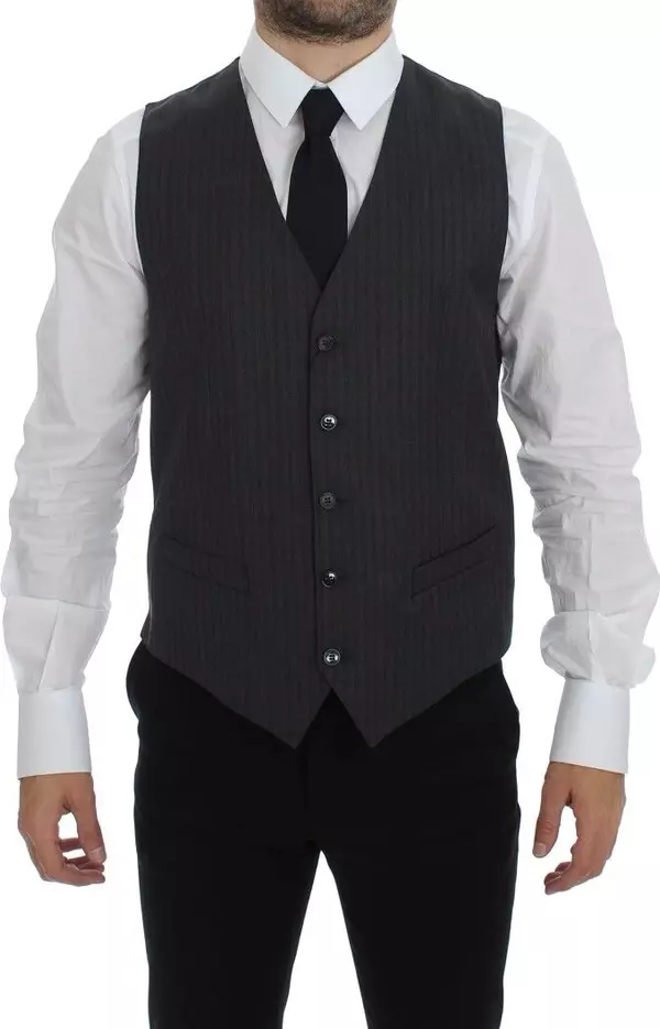 Gray Striped Wool Single Breasted Vest