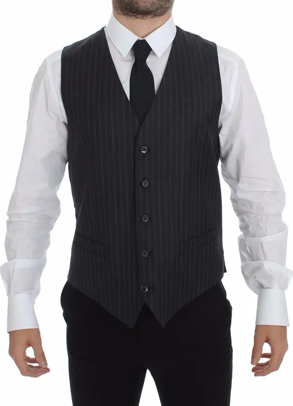 Gray Striped Wool Logo Vest Gilet Weste