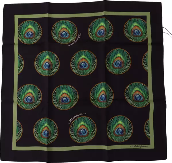 Black Peacock Feather DG Printed Square Handkerchief Scarf