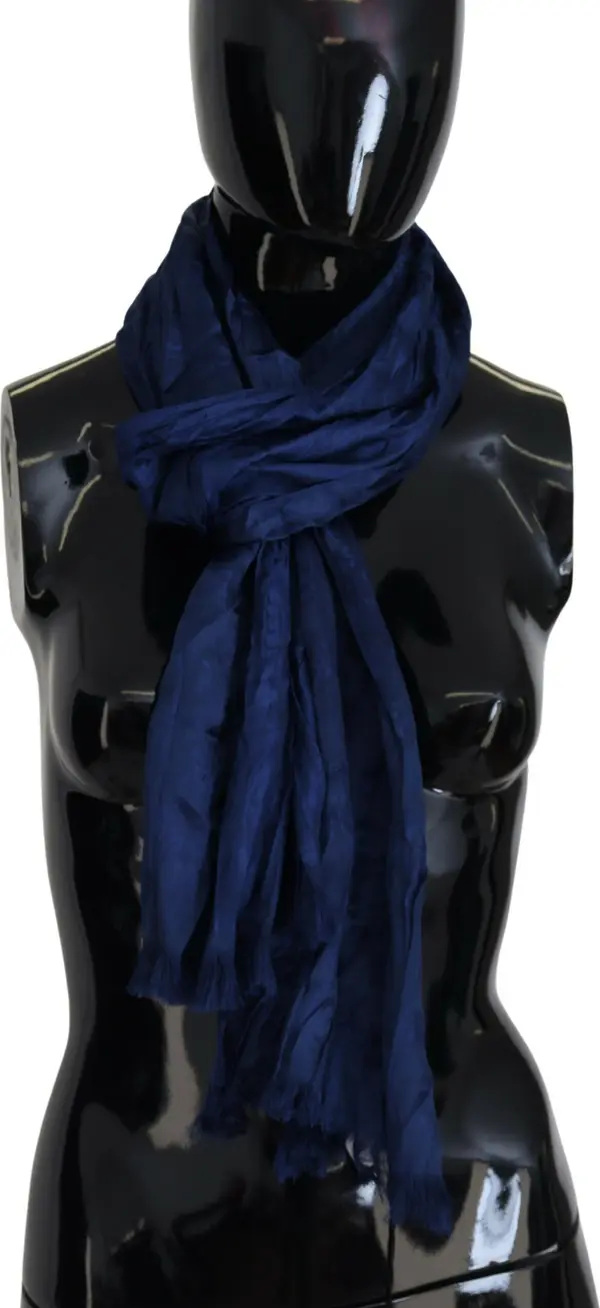 Blue Silk Shawl Foulard Fringes Scarf