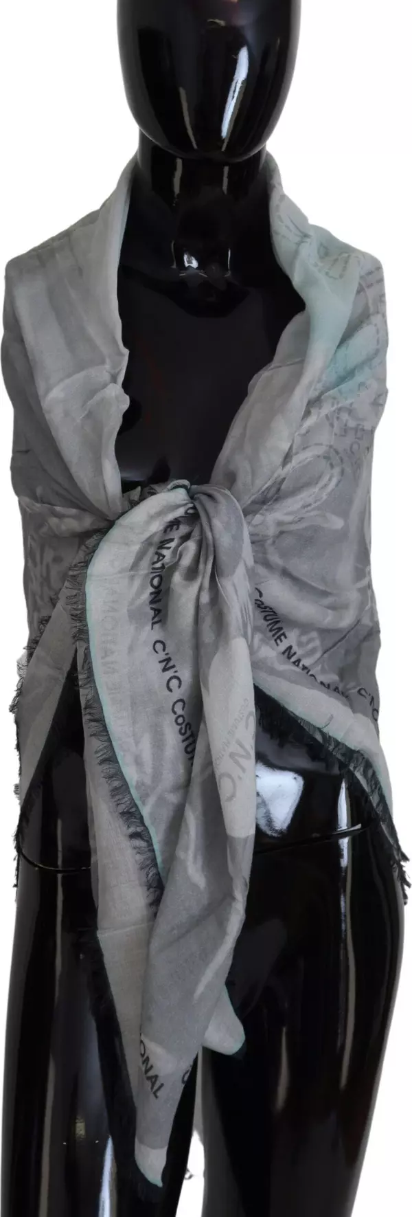 Gray Print Shawl Foulard Fringes Scarf