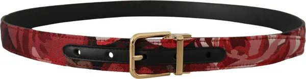 Red Jacquard Rose Leather Gold Metal Buckle Belt