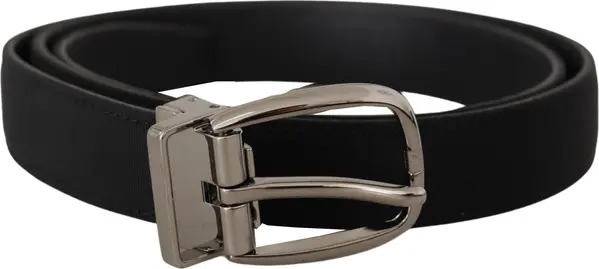 Black Grosgrain Leather Silver Logo Buckle Belt