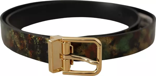 Black Green Leather Bronze Metal Buckle Belt
