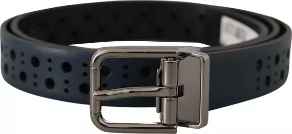 Navy Blue Perforated Leather Skinny Metal Buckle Belt