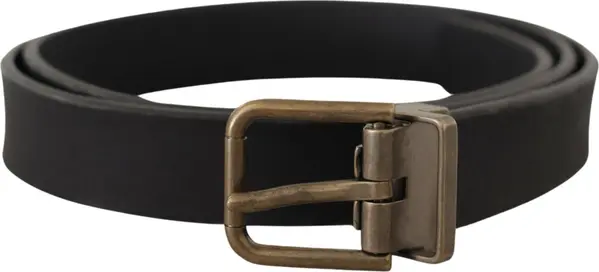 Black Leather Brass Metal Grain Buckle Classic Belt