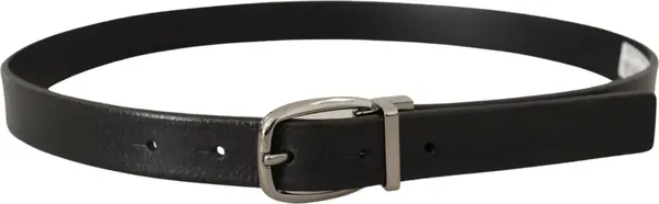 Black Leather Silver Chrome Metal Logo Buckle Belt