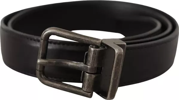 Black Calf Leather Logo Metal Buckle Belt