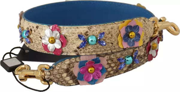 Beige Python Leather Floral Studded Shoulder Strap