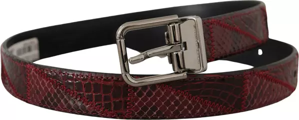 Red Exotic Leather Metal Logo Buckle Belt