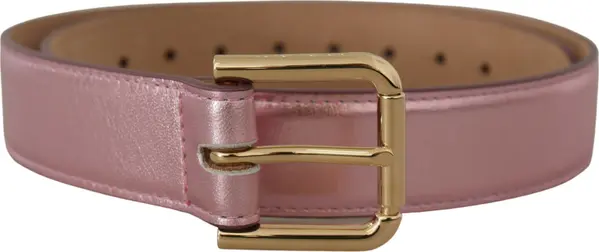 Metallic Pink Polished Leather Logo Metal Buckle Belt