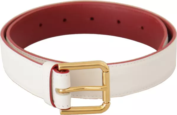 White Calf Leather Two-Toned Gold Metal Buckle Belt