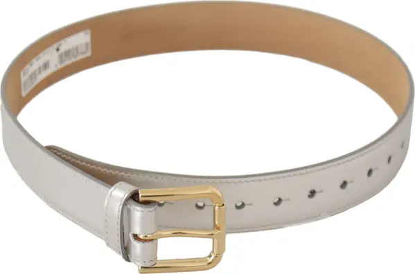 Silver Leather Gold Tone Logo Metal Buckle Belt