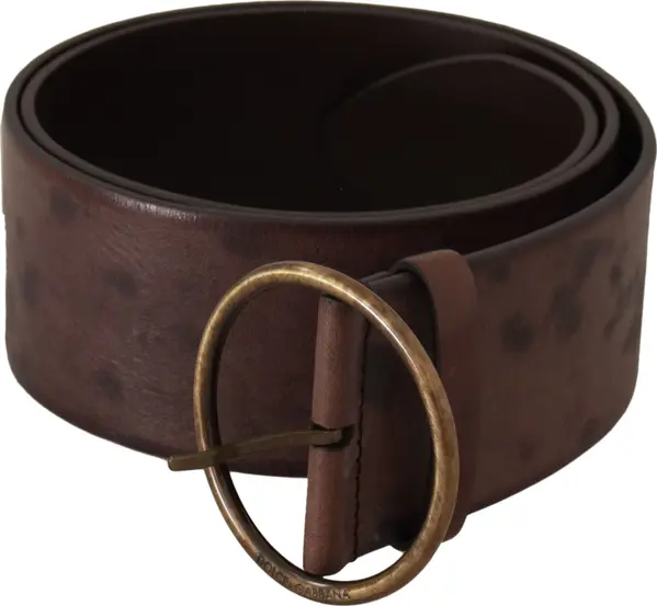 Dark Brown Wide Calf Leather Logo Round Buckle Belt