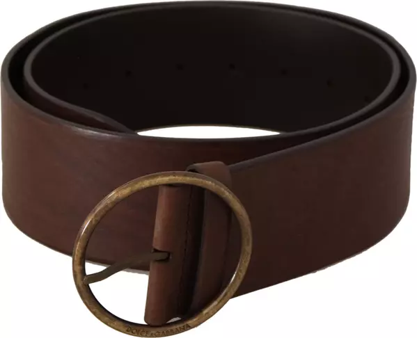 Brown Leather Wide Waist Logo Metal Round Buckle Belt