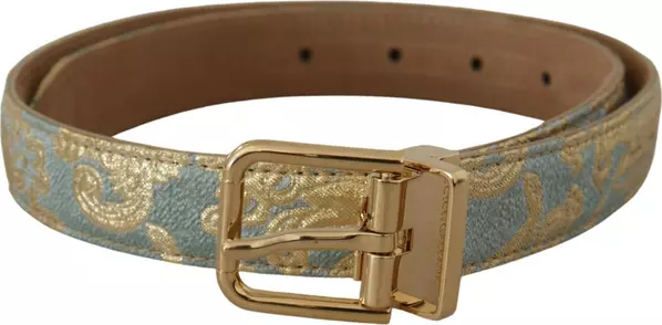 Blue Leather Jacquard Embossed Gold Metal Buckle Belt
