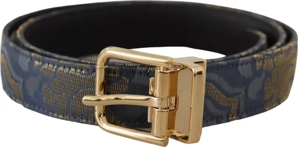 Navy Blue Jacquard Gold Tone Logo Metal Buckle Belt