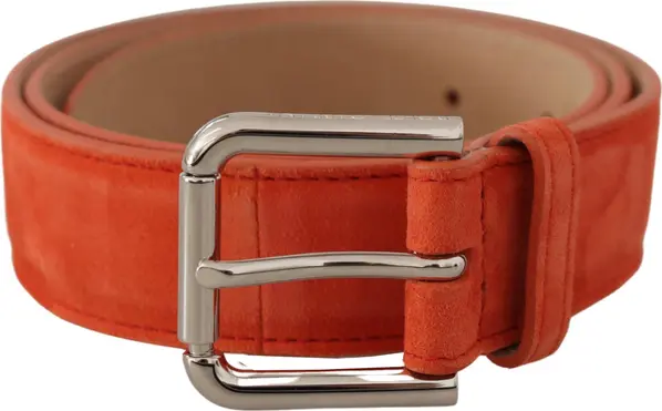 Orange Leather Suede Silver Logo Metal Buckle Belt