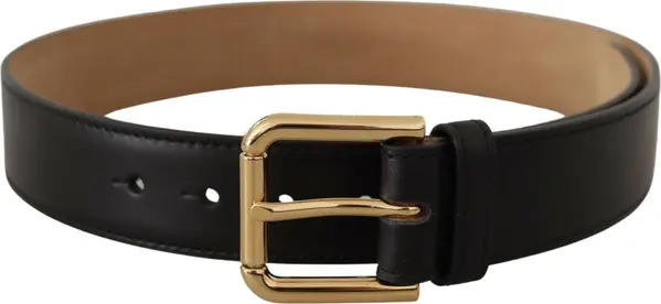 Black Solid Leather Classic Gold Waist Buckle Belt