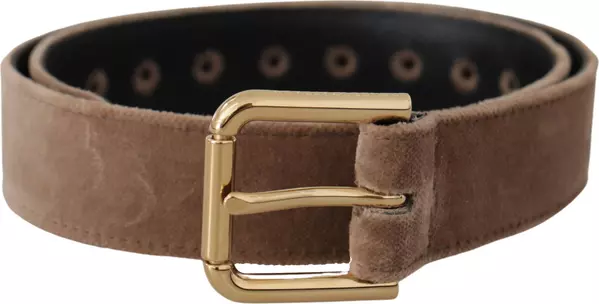 Light Brown Velvet Gold Tone Logo Metal Buckle Belt
