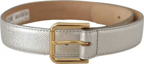 Silver Leather Gold Tone Logo Metal Waist Buckle Belt