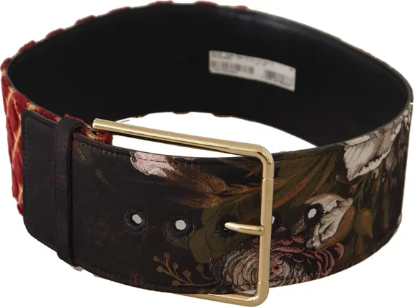 Multicolor Wide Leather Floral Gold Metal Buckle Belt