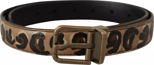 Brown Leather Leopard Print Bronze Metal Buckle Belt