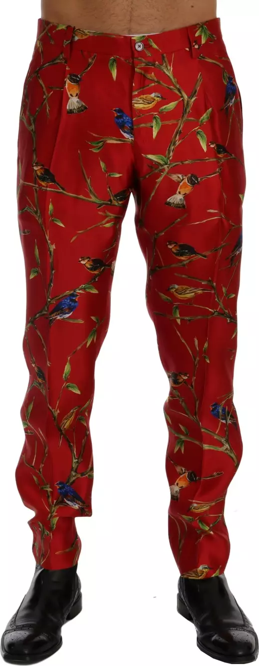 Red Silk Bird Print Dress Pants