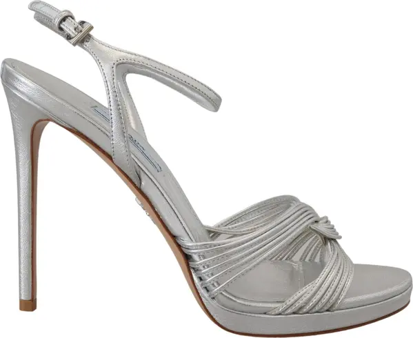 Silver Leather Sandals Ankle Strap Heels Stiletto