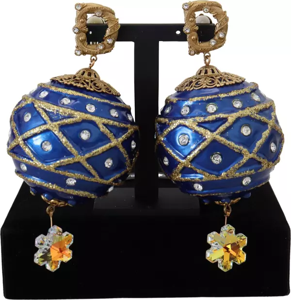Gold Brass Blue Dangle Ball Crystal Clip On Earrings