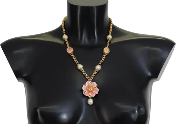 Gold Tone Floral Crystals Pink Embellished Necklace