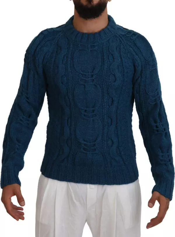 Blue Knitted Wool Alpaca Pullover Sweater