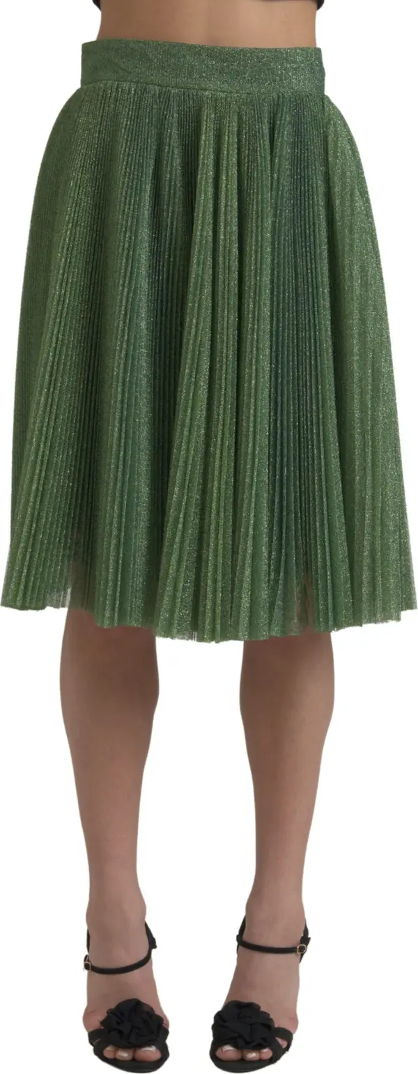 Metallic Green High Waist A-line Pleated Skirt