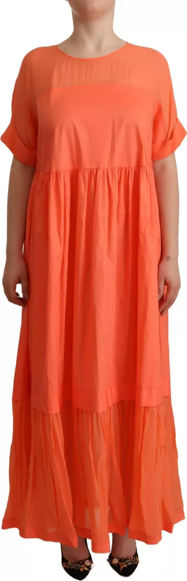 Coral Cotton Blend Short Sleeves Maxi Shift Dress
