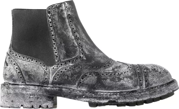 Black Gray Leather Ankle Boots