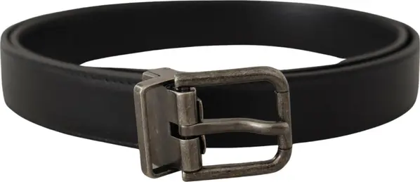 Black Plain Leather Vintage Logo Metal Buckle Belt