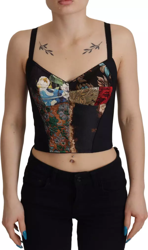 Black Patchwork Sicily Blouse Corset Cropped Top