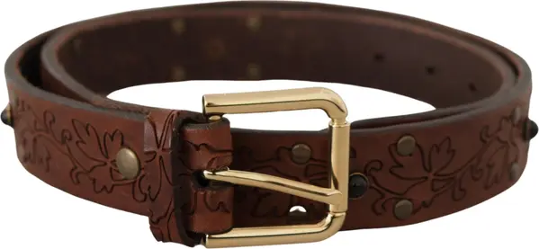 Brown Leather Floral Studded Metal Buckle Belt