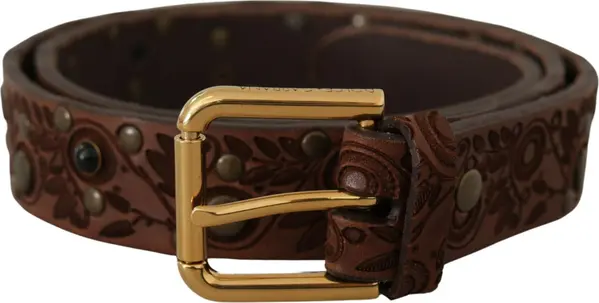 Brown Calf Leather Embossed Gold Metal Buckle