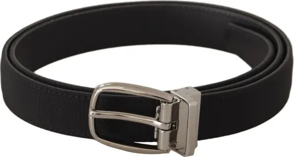 Black Calf Canvas Silver Tone Logo Metal Belt